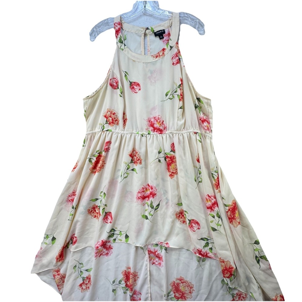 Torrid Floral Georgette Tunic Womens 2‎ Ivory Hi-Lo Babydoll Boho Cottagecore